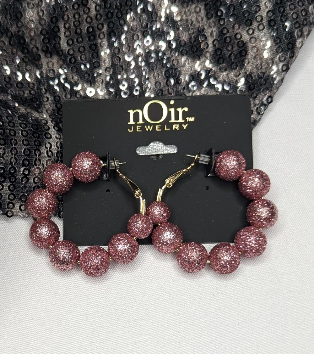nOir Sparkly Pink Bead Hoop Earrings